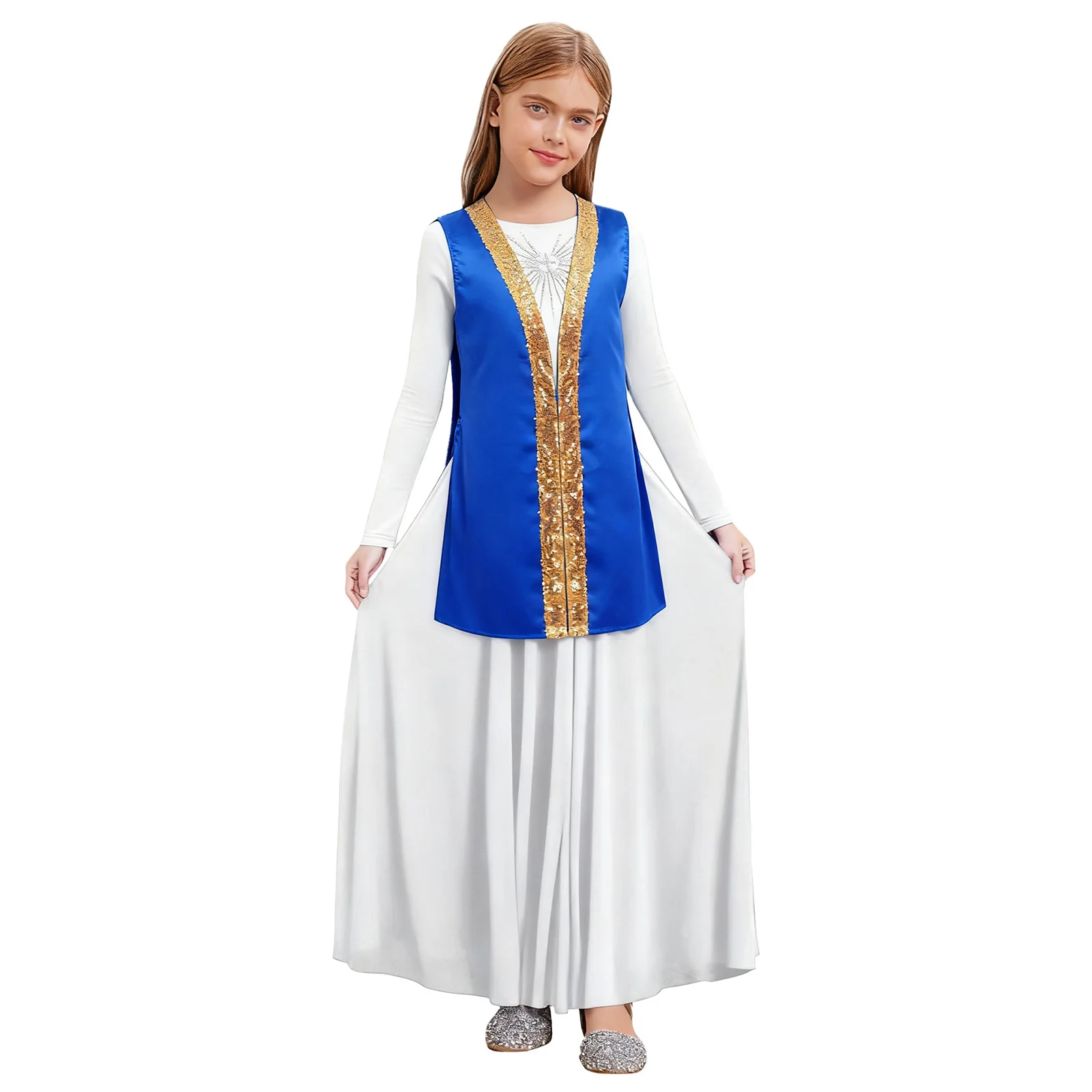 

2Pcs Kids Girls Liturgical Praise Dance Dress Worship Robe Satin Sequins Sleeveless Sides Split Vest Coat+Long Sleeve Maxi Dress