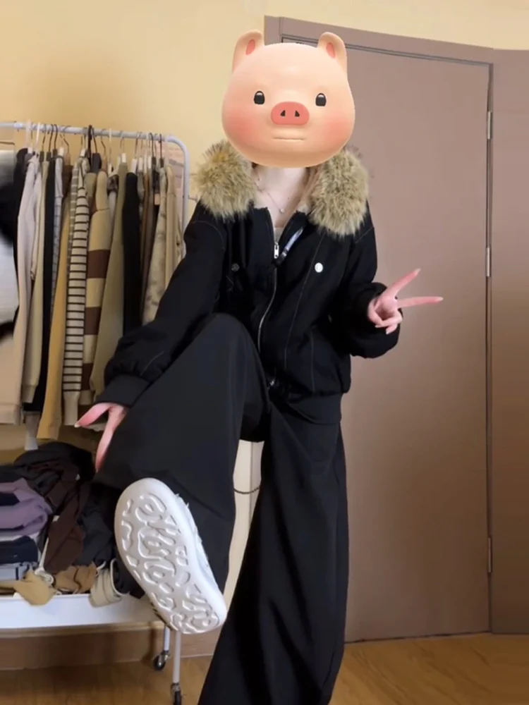 

Women's Bla Faux Rabbit Fur Collar Thiened Warm Cotton Jaet ort Sle Zipper Closure Long Sve Straight Cut Coat