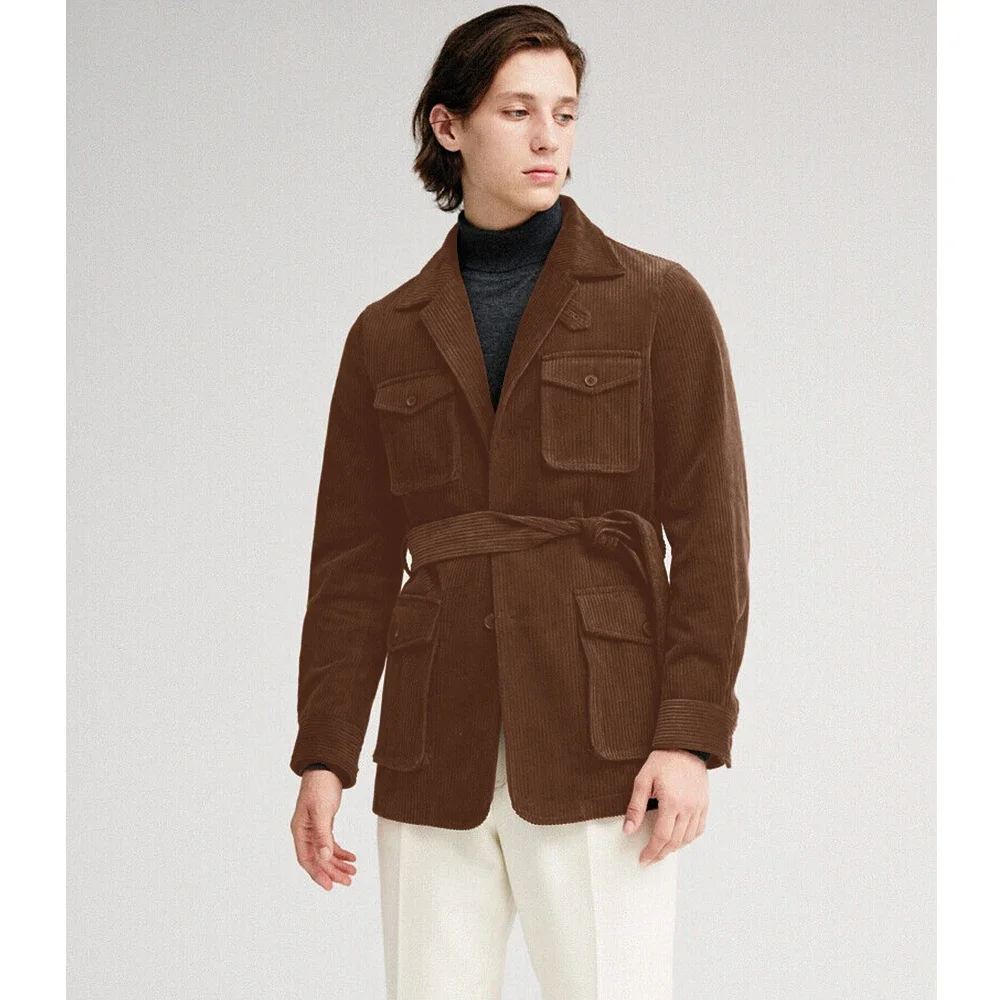 Only Jacket 1 PCS 2024 New Men's Corduroy Hunting Design Belt Comfortable Suede Casual Suit Single Breasted Pocket Slim Fashion image 2