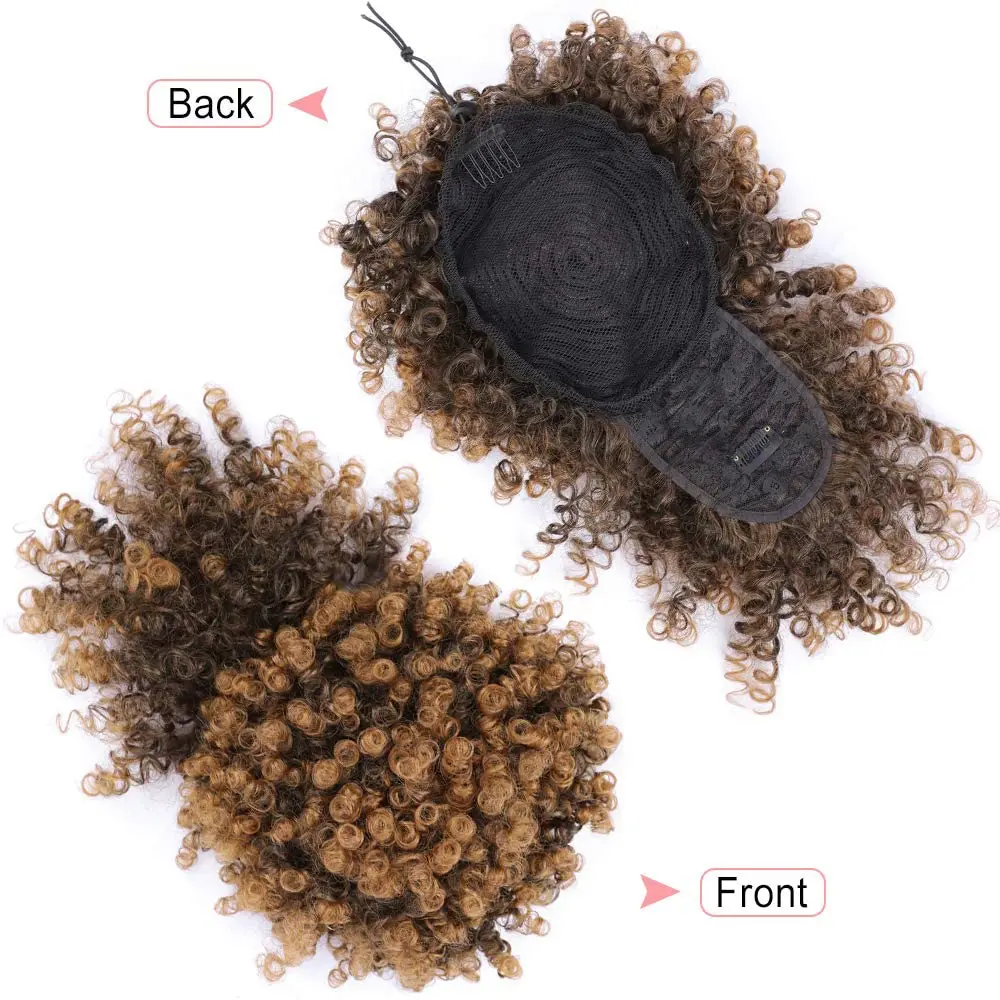 Syntetyczny kucyk ze sznurkiem z grzywką Afro Puff Przedłużanie kucyka Krótkie kręcone Puff Kucyk Clip in Wrap Updo Hairpiece