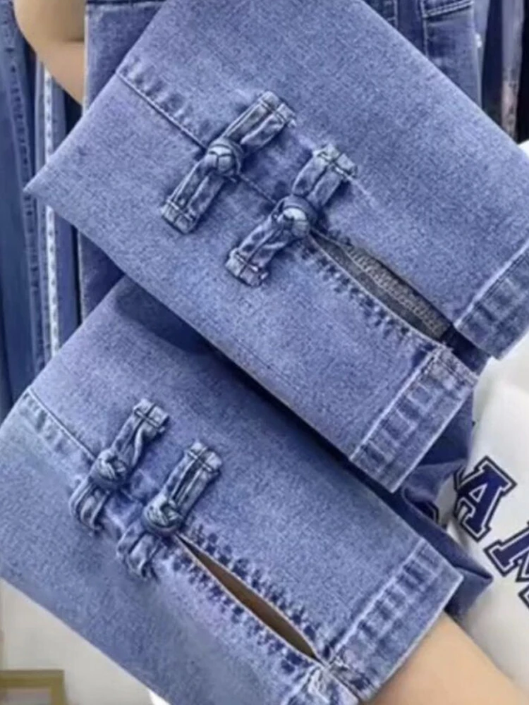 Damskie jeansy kowbojskie z wysokim stanem, luźne, proste, do kostki, w stylu koreańskim, przedłużane, na wiosnę i jesień 2025.