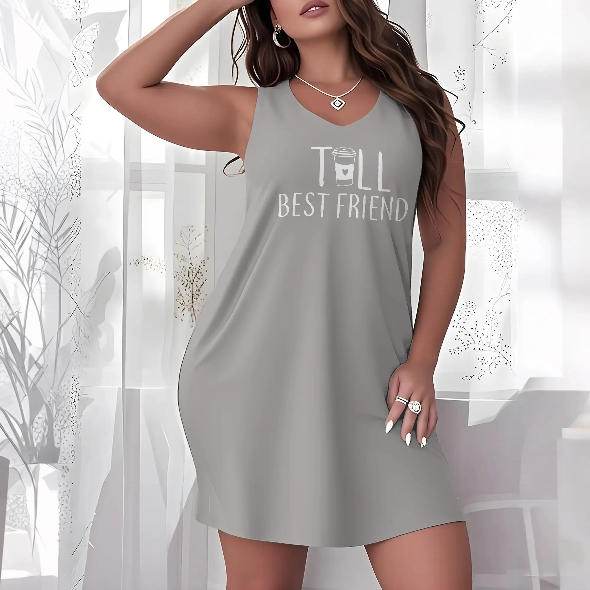 Plus Size Women Sleeveless V Neck Night Dress Tall Best Friend Coffee Cup Letter Print Loose Soft Nightgown Casual Loungewear Sleep Dress