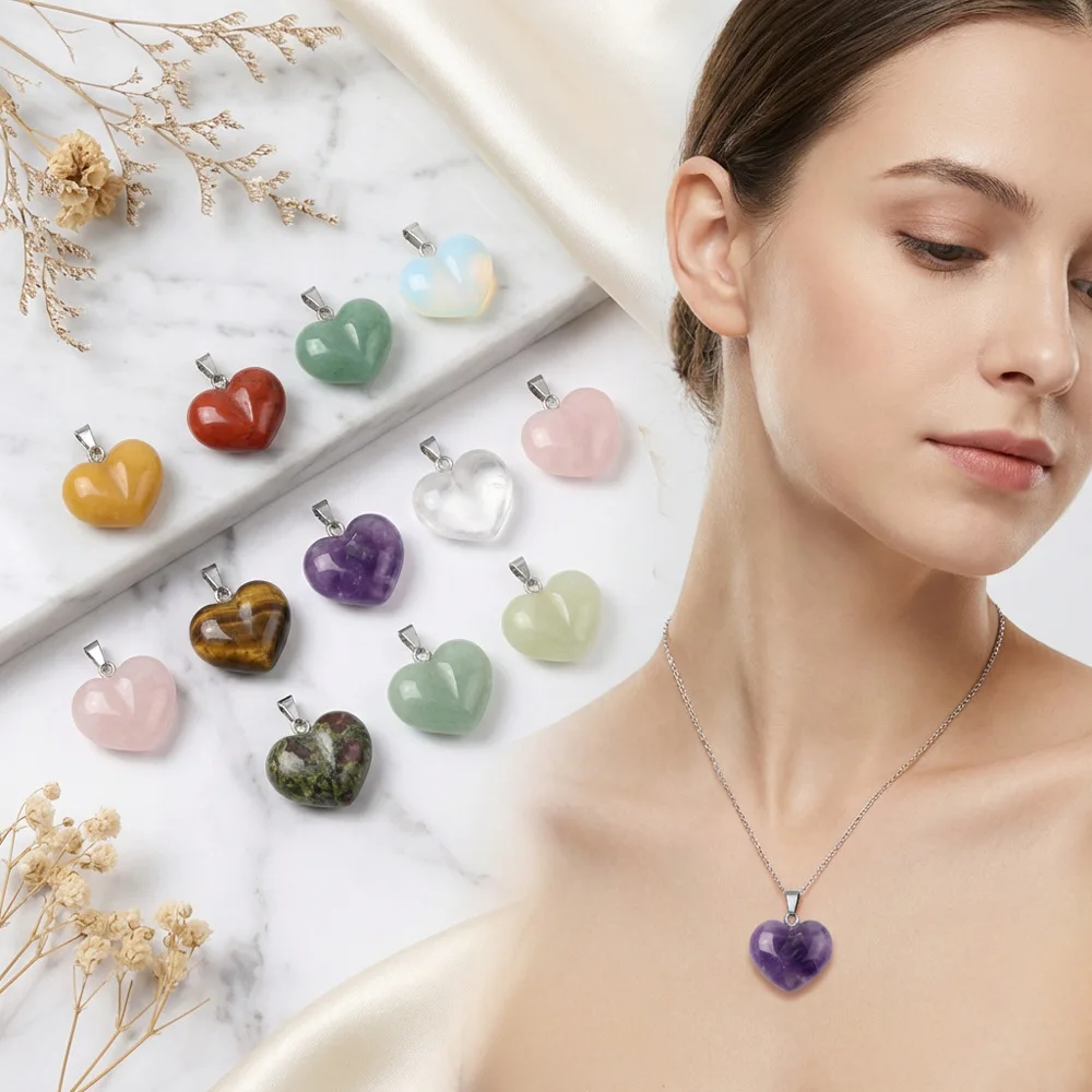 Natural Heart Shape Gemstone Pendants, Mixed Healing Crystal Stone Charms for DIY Jewelry Making Necklace Earrings