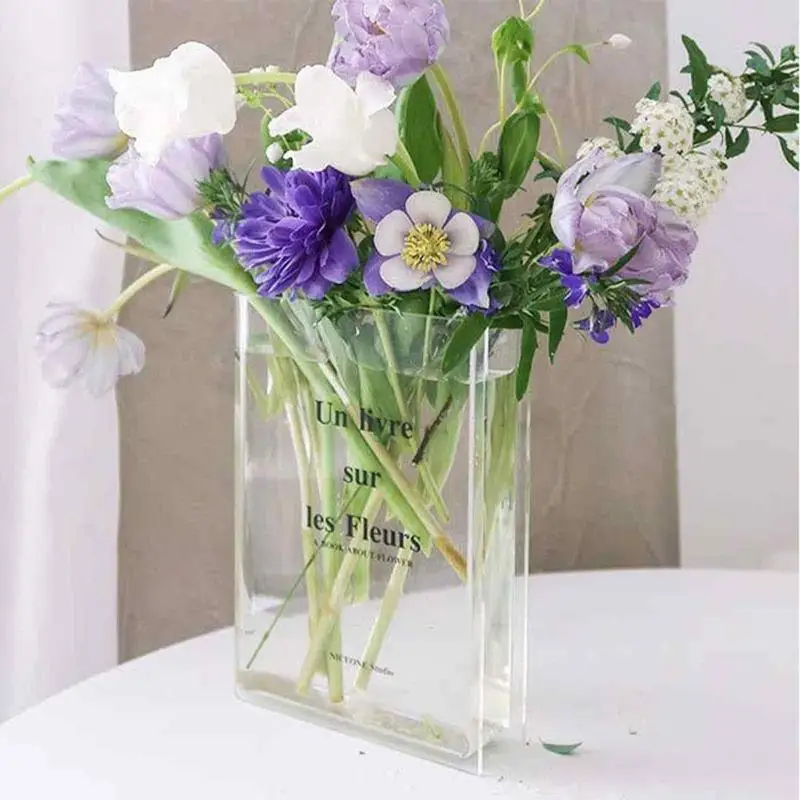 Acrylic Book Vase Book Shape Clear Flower Vase Art Culture Decorative Flower Arrangement Vases Office Home Desktop Decoration