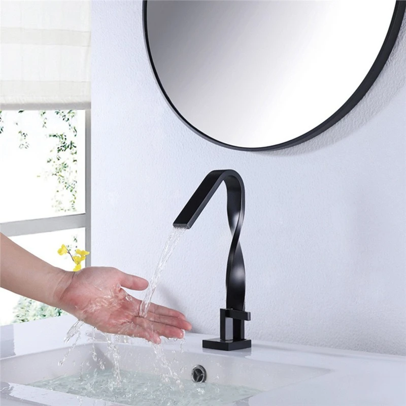Black Copper Washbasin Faucet Single Hole Cold Hot Tap Creative Fried Dough Twists Flat Tube Wire Drawing Modern Bathroom Sink