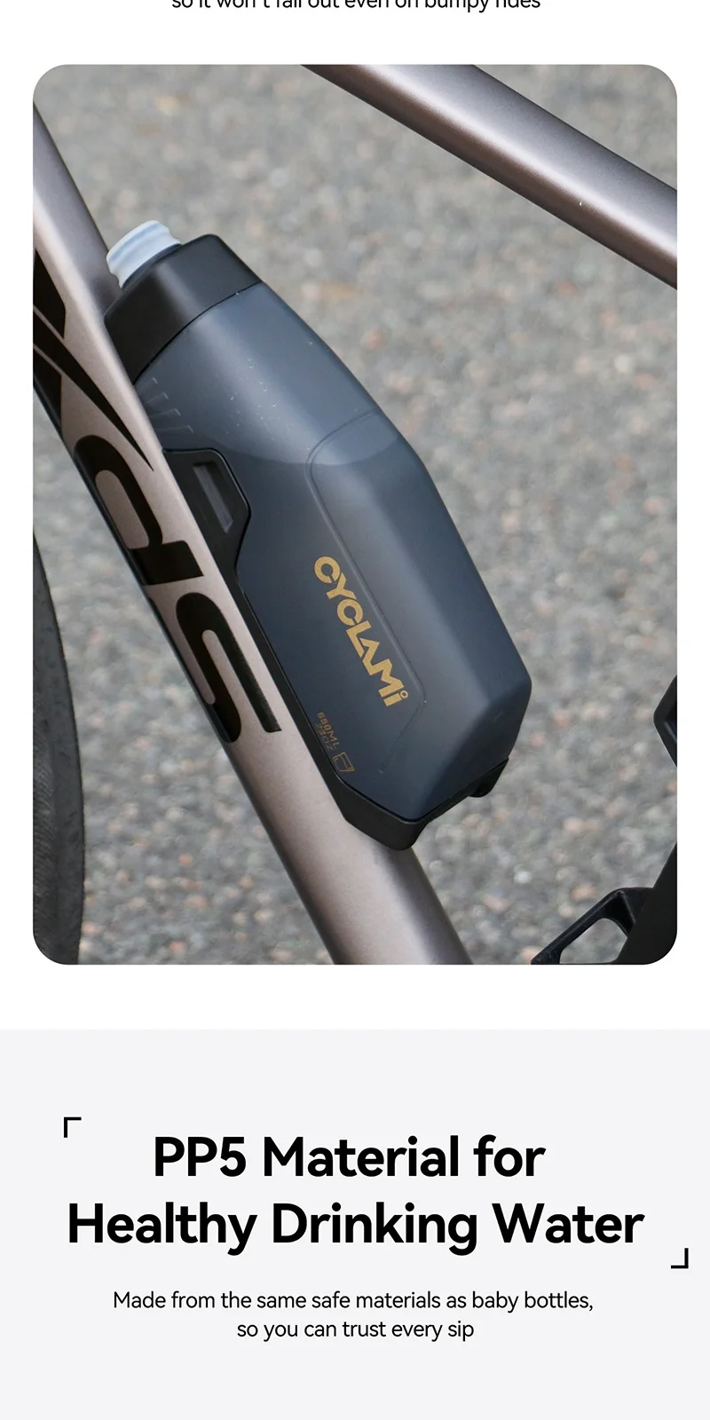 CYCLAMI 650ml Aerodynamisches Fahrradflaschenhalterungsset PP5 Quetschbare Fahrradflasche mit Silikondeckel für Rennrad und Mountainbike-Rahmen – Detail 7