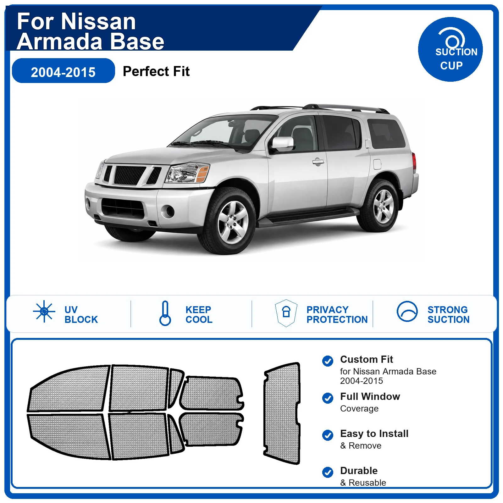For Nissan Armada Base 2004-2015 Custom Full Set Windshield Sun Shade Aluminum Foil Heat Insulation Anti UV Foldable