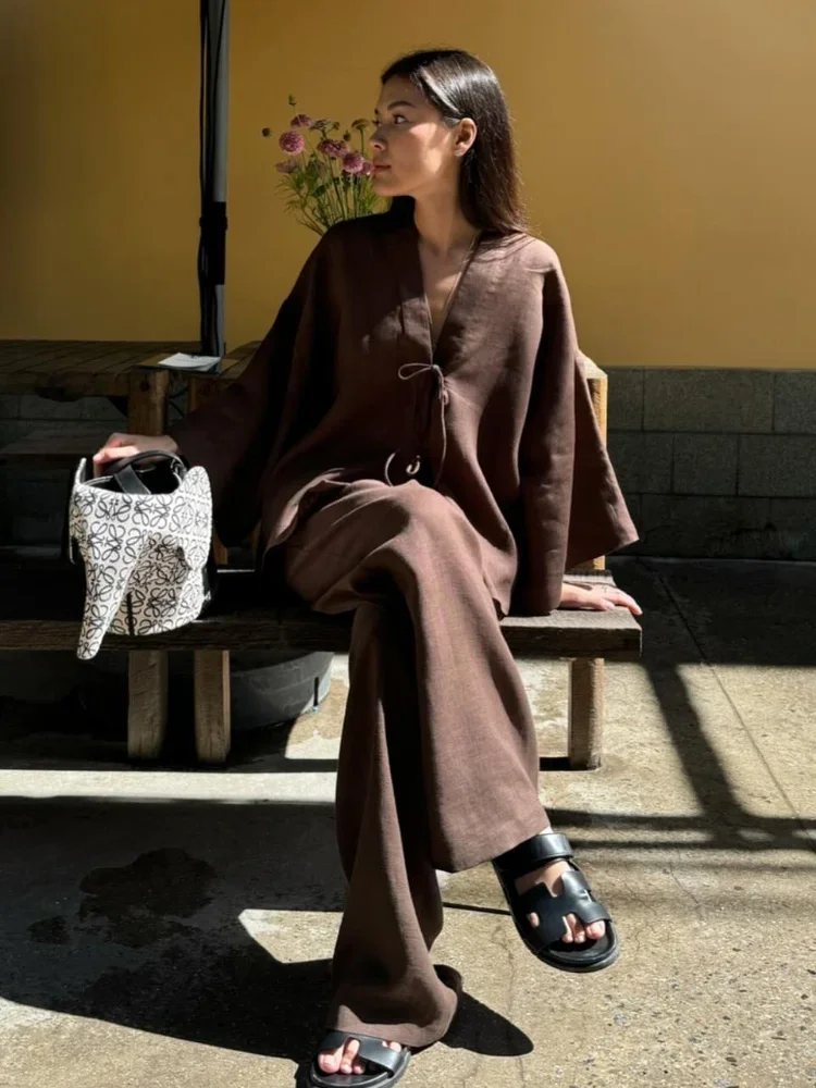 

Summer Brown Cotton Linen Loose Pants Sets Fashion V-neck Lace Up Long Sleeve Shirt Suit 2025 Women's Casual 2 Piece Outfits