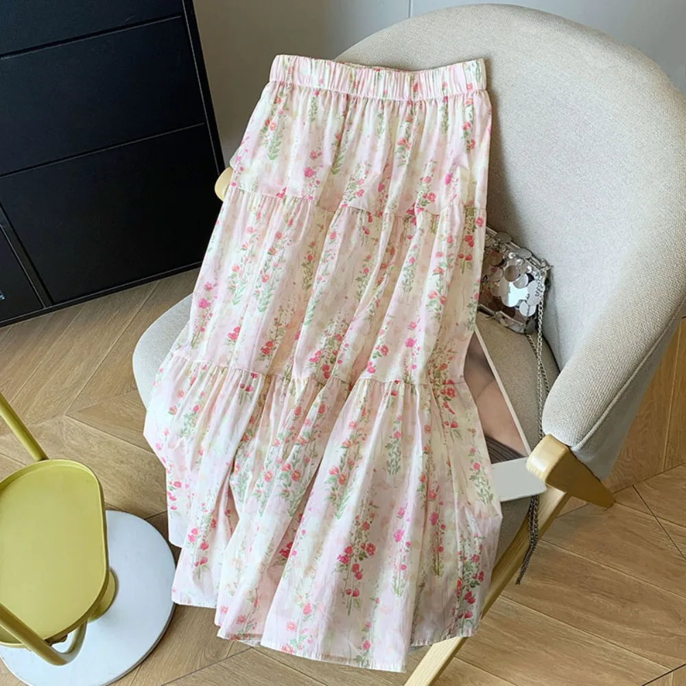 

Simple High Waist Floral Long Skirt Women Thin Flower High Waist Long Skirt Patchwork Ins Style A-line Tiered Skirt Beach