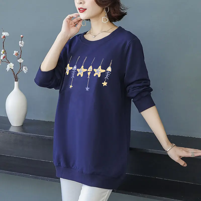 Women Autumn Winter Korean Fashion 2022 Long Sleeve Round Neck All-match Pullover Female Clothes Print Casual Loose Tunic Tops