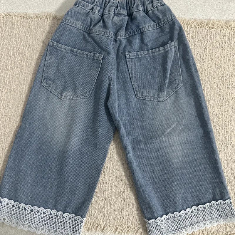 2026 Spring Autumn 2-7T Baby Girls Lace Trim Bow Jeans Elastic Waist Light Blue Childrens Trousers Casual Loose Kids Denim Pants