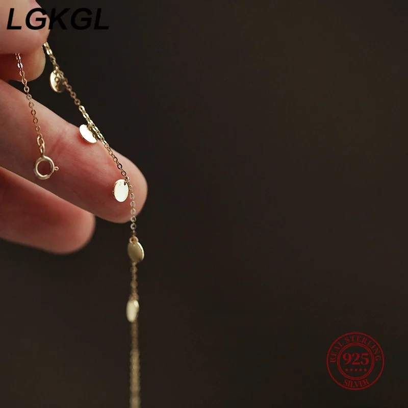 LGKGL S925 Sterling Silver 14k Gold Plated Shiny Disc Bracelet for Women Korean Fashion Simple Temperament Jewelry