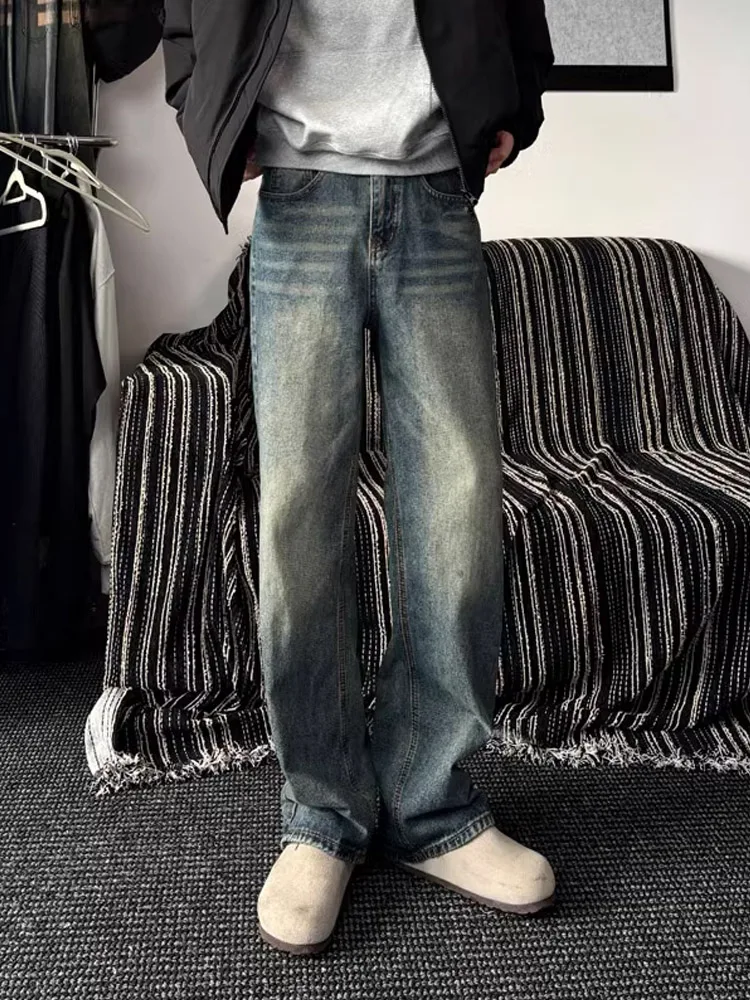 Cleanfit Vintage Blue Waed Jeans Men High Waist Slim Straight Leg American High Street Trendy Brand Wide Leg Pants