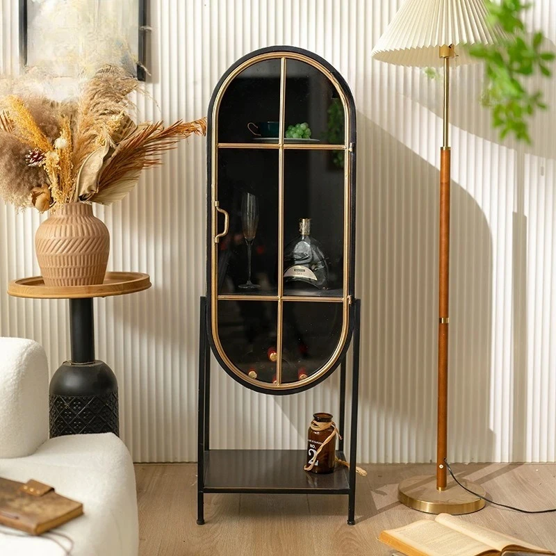 light luxury floor wrought iron wine cabinet, living room ultra-thin decorative cabinet, household dust locker with door