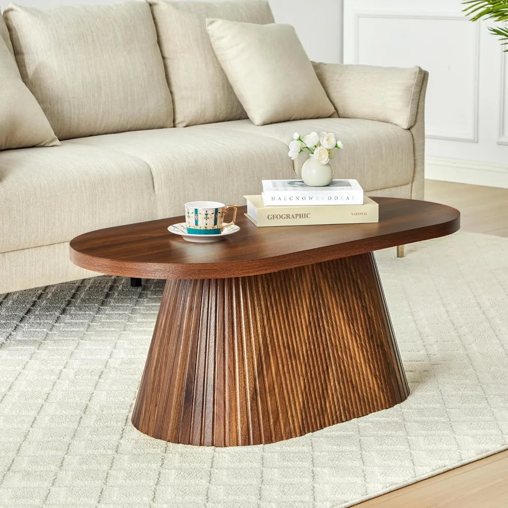 

Fluted Coffee Table with Sturdy Tapered Base, Oval Wood Small Coffee Table, Mid Century Modern Center Table for Living Room Offi