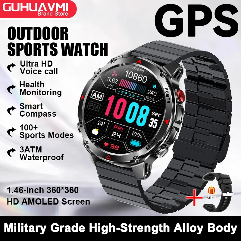 2025 New Military Bluetooth Call Smart Watch Built-in GPS Compass Barometric Altimeter 10ATM Waterproof Sports Smartwatches Men
