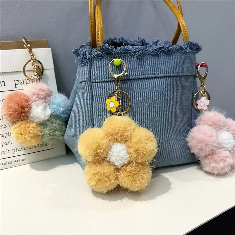 Cute Cherry Blossom Faux Fur Ball Keychain, Small Fresh Plush Flower Bag Charm, Car Key Ring Pendant Gift for Girls