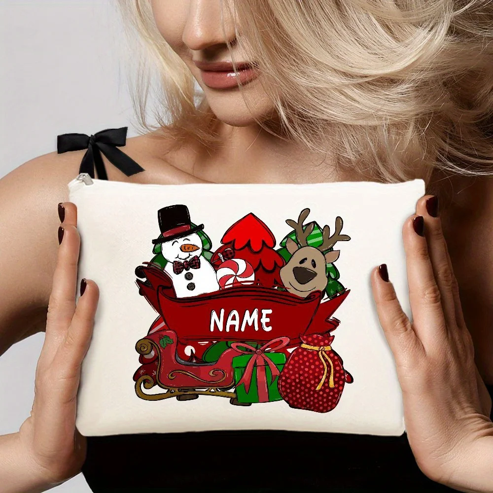 Personalized Name Christmas Snowman Reindeer Cosmetic Bag Custom Travel Makeup Storage Pouch Xmas Holiday Gift
