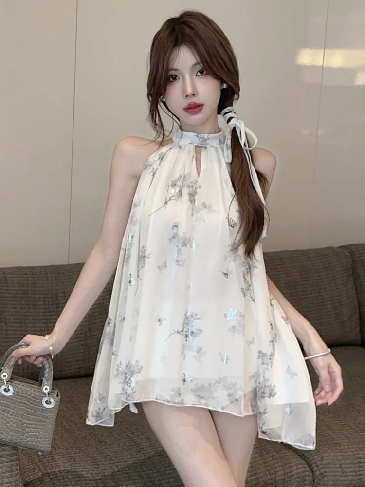

Elegant Hollow out Sleeveless Neck Hanging Gold Printing Soft Style Dress Women Spring Summer New Style Casual Fashion Dress
