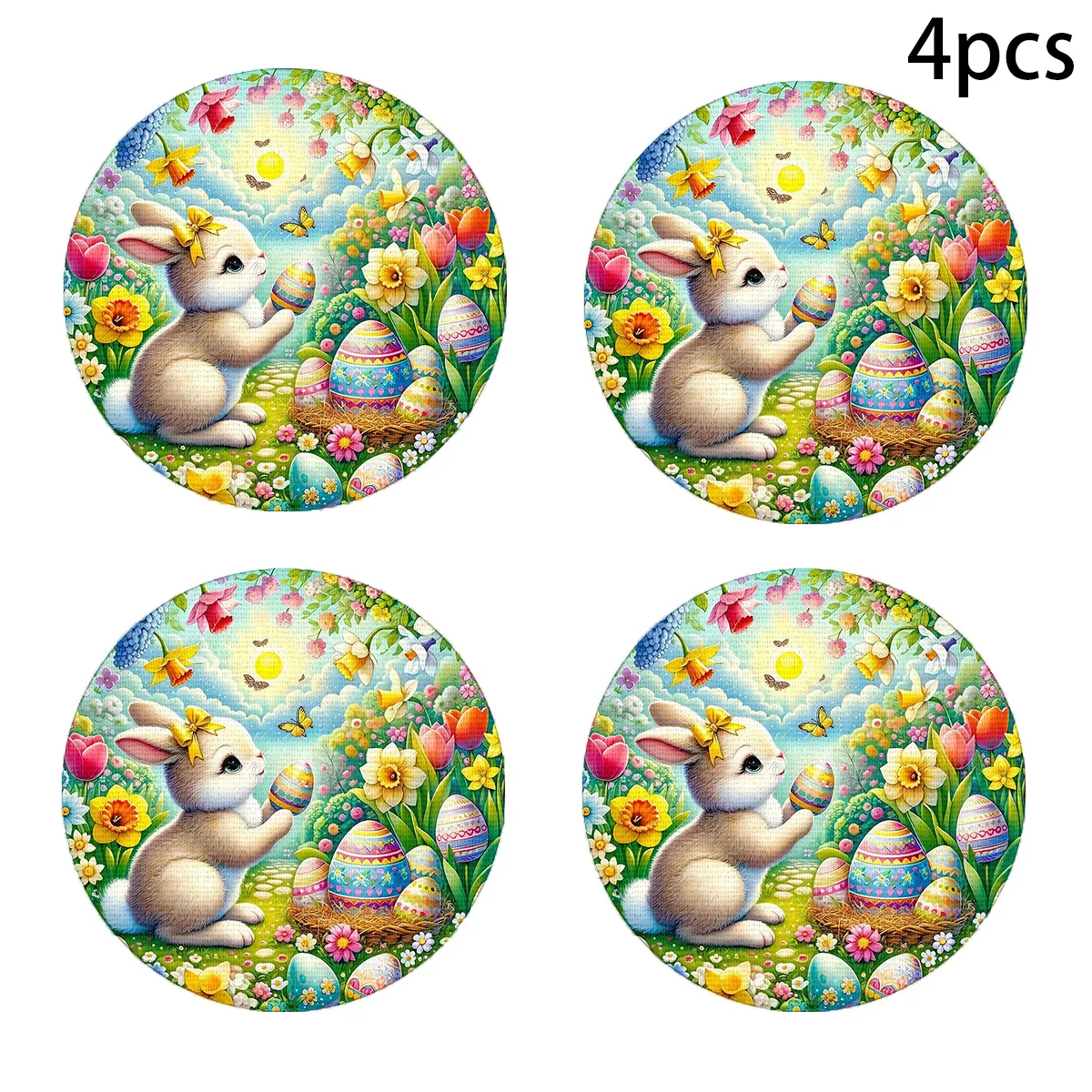 

4 шт., круглые салфетки Happy Little Grey Rabbit с разноцветными яйцами, полиэстер, имитация льна, украшение для общественного питания, фермерский дом