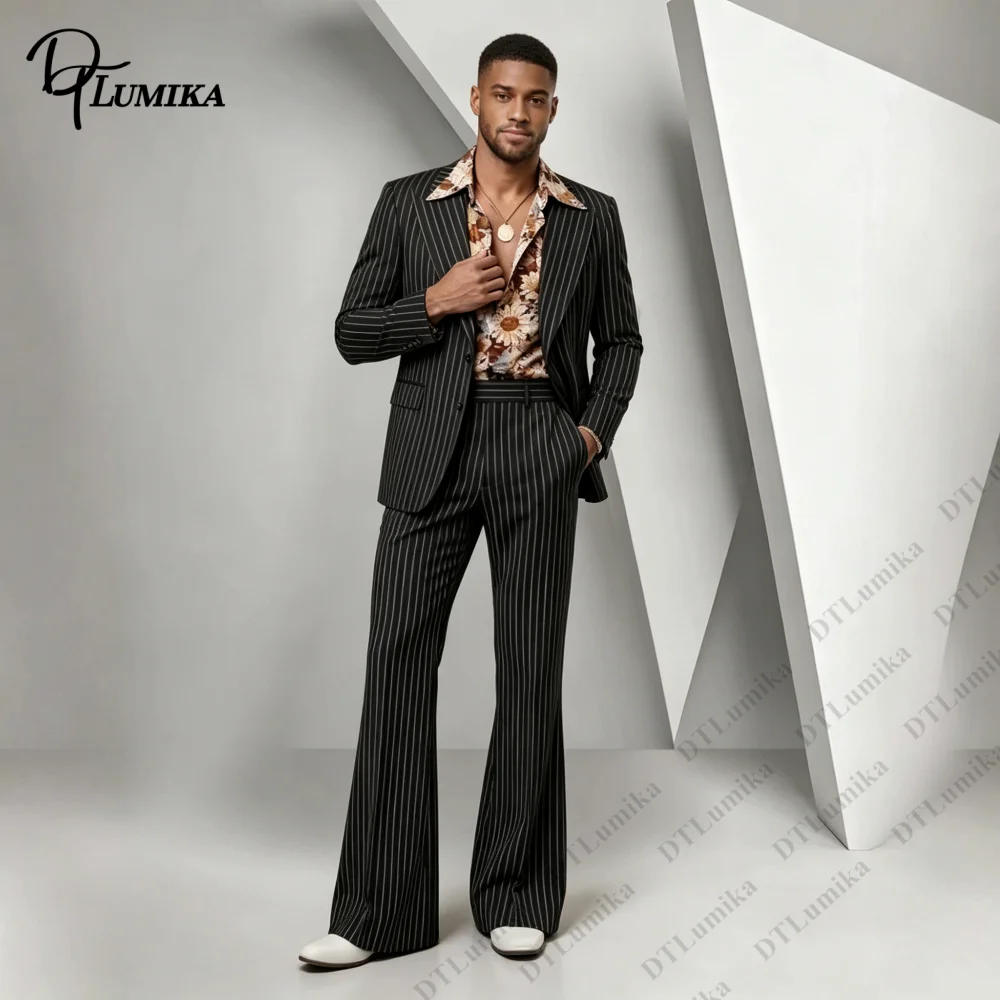 Tailored Retro Pinstripe Men 2 Piece Suit Flared Wide Leg Trousers Outfit  Bespoke Formal Attire for Stage Show & Vintage Party
