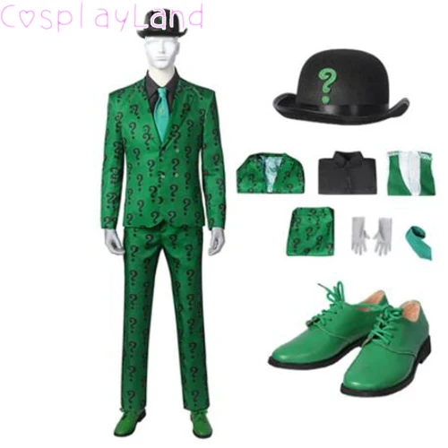 Halloween Bat Joker Outfit 1966 Riddler Cosplay Costume Edward Nygma Green Printing Men Suit Uniform Jacket Vest Shirt Pants Hat