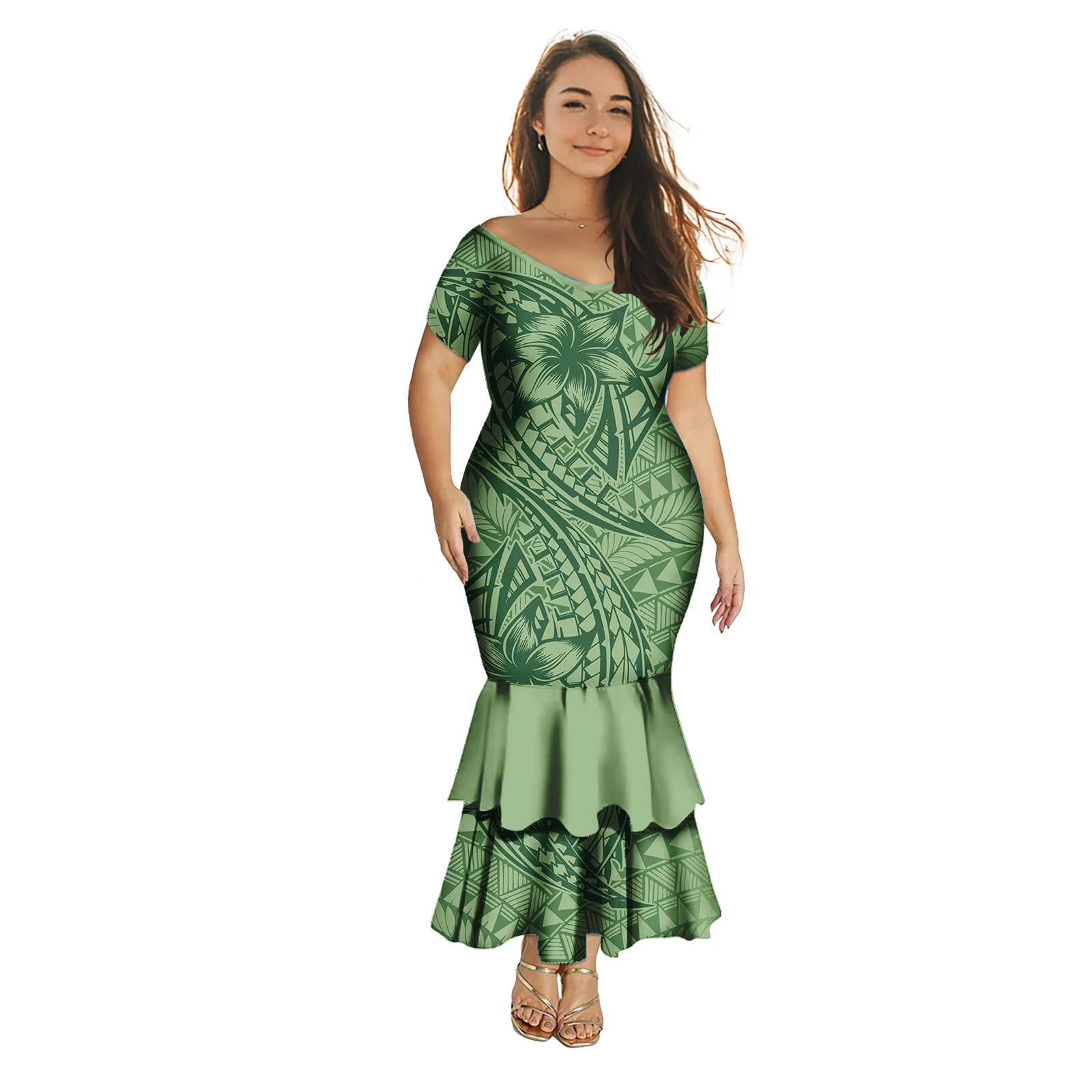 Hawaiian Tropical Pattern Cascading Ruffle Skirts Ladies Island Dress Fashion Sexy Women Samoan Dress Polynesian Clothes Custom