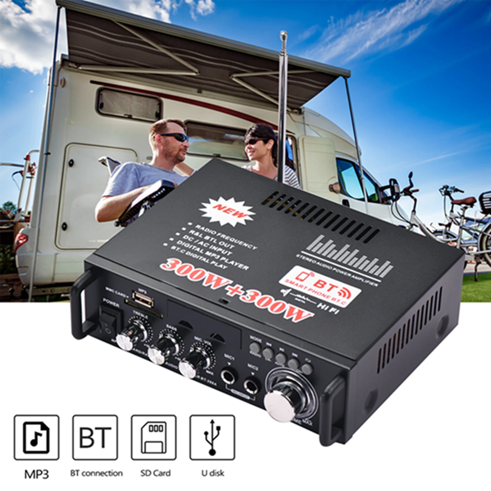 

12V / 220V Mini Audio Power Amplifier 2CH 300W+300W for Car Home Use BT Digital Audio Receiver AMP USB Memory Card Slot Digital