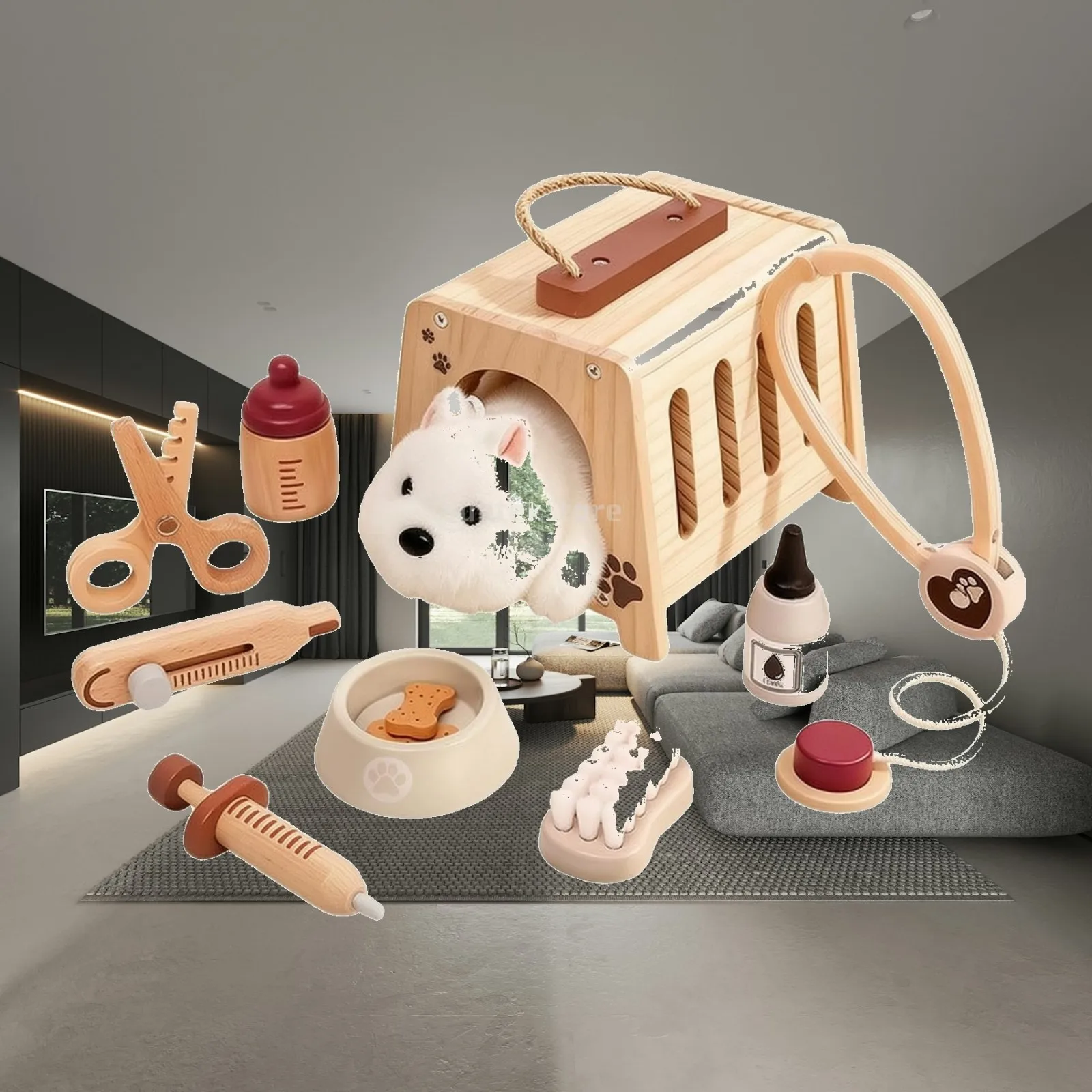 Portable Wooden Vet Play Kit with Stuffed Dog and Grooming Tools for Toddler Learning Toy