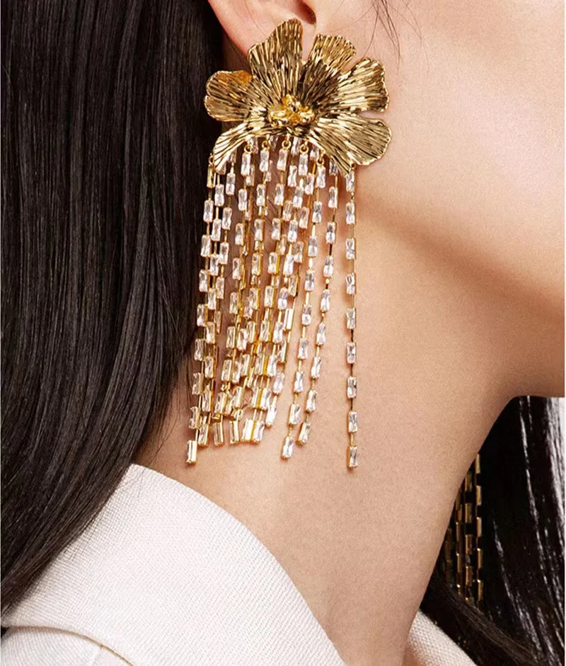 Exaggerated personality petal flicker zircon chain tassel earrings light luxury high sense long drop ears