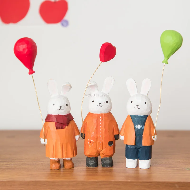 

Creative Home Decor Gifts - Wooden Craft Ornament, Rabbit Holding Balloon Figurine, Decoration for Home, Office Car