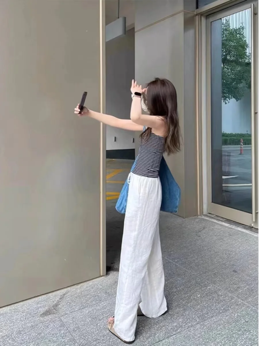 Pantaloni a gamba dritta in cotone e lino dalla vestibilità ampia Pantaloni casual estivi da donna di grandi dimensioni fino al pavimento con cintura in vita