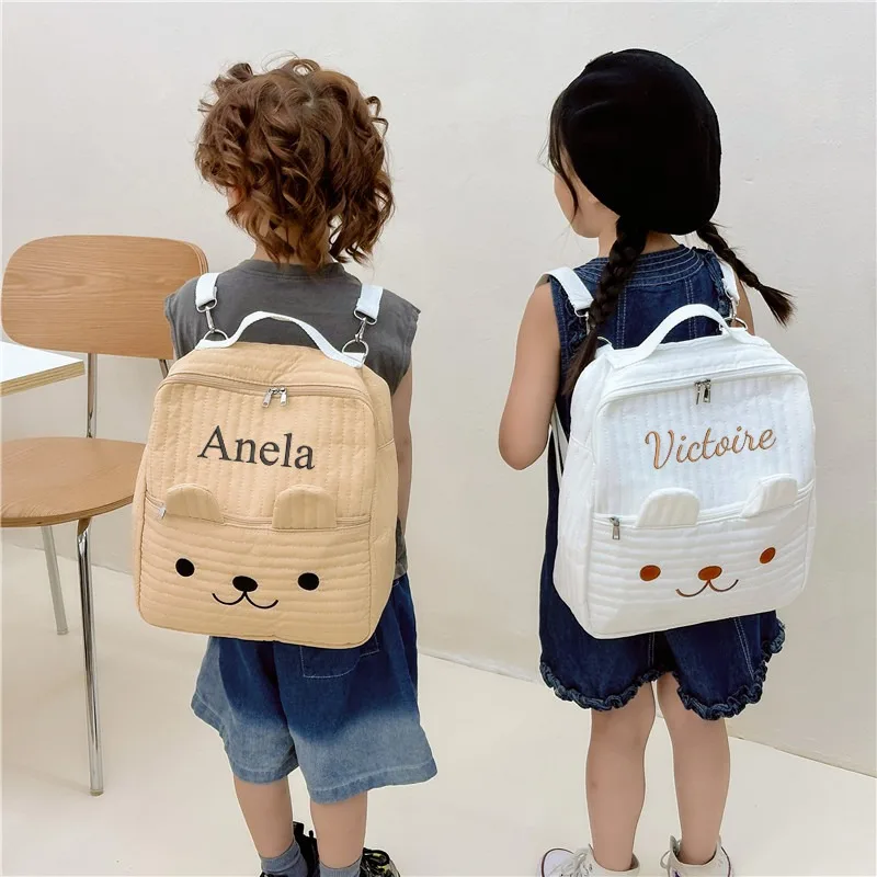 Personalized Embroidery Cute Bear Pattern Children\'s Backpack Custom Name Solid Color Casual Daily Kids Backpack Cartoon Bag