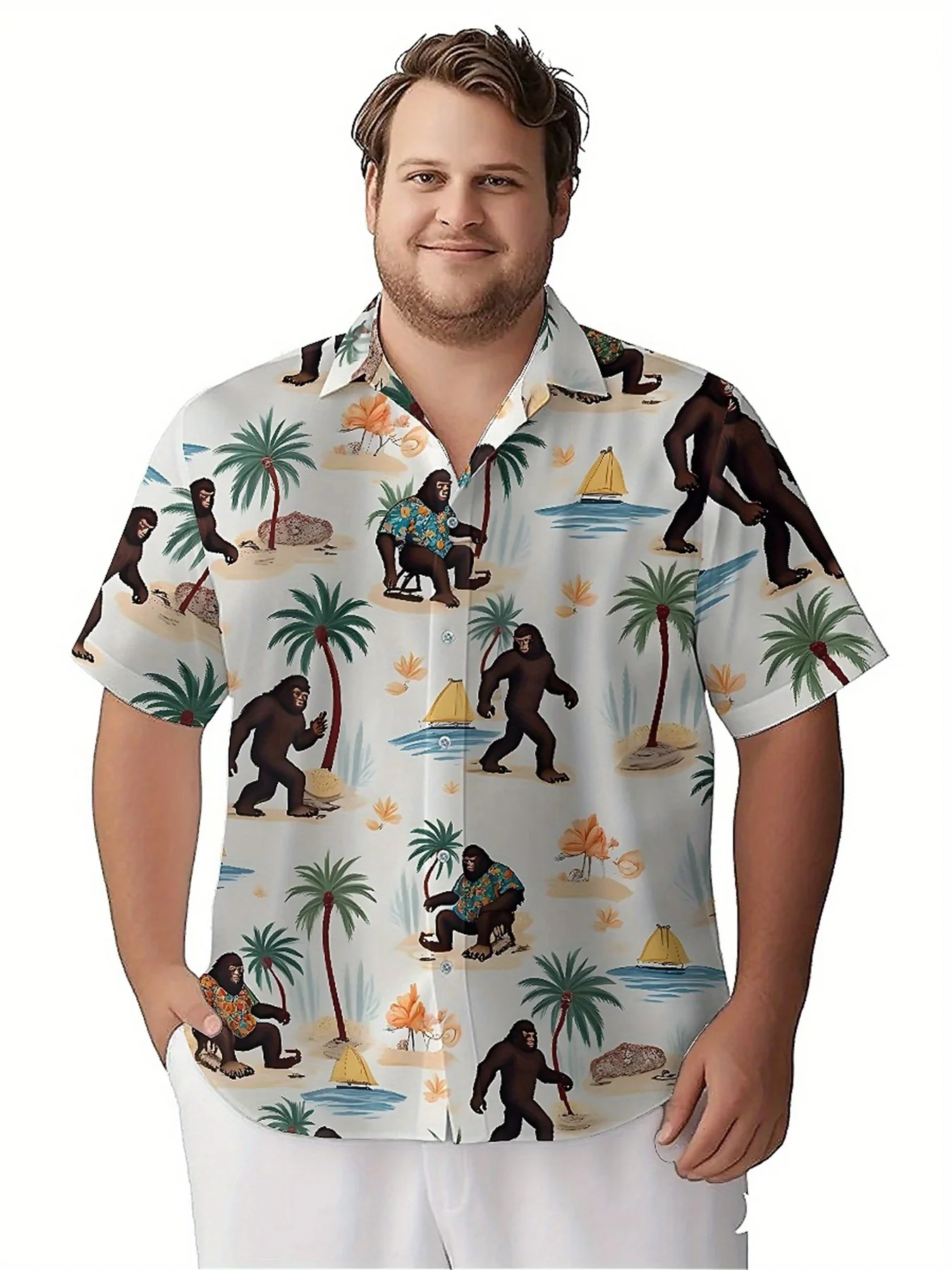 Kemeja Hawaii Ukuran Besar Pria Pola Petualangan Tropis Tema Squatch, Kemeja Aloha Uniseks, Kaus Atasan Musim Panas Baru, Pakaian Jalanan