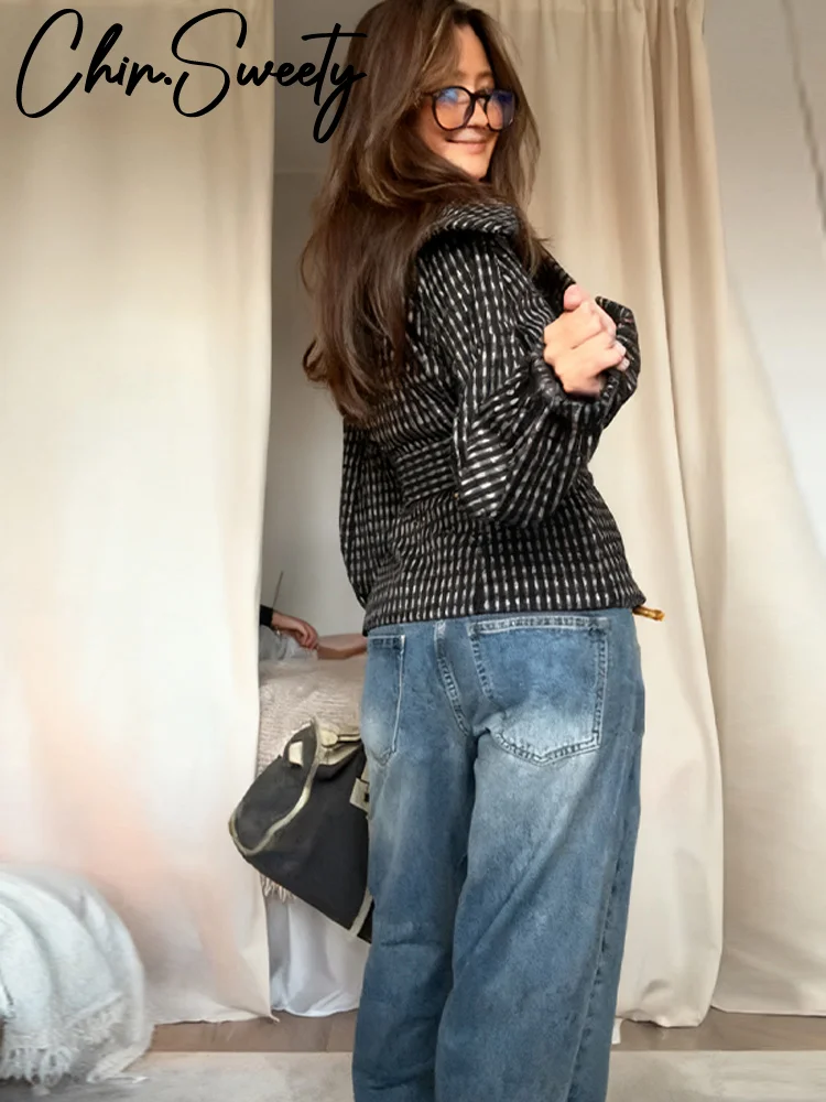 

Elegant Plaid Belt Coats Women Loose Full Sleeve Single Breasted Turn-down Collar Jackets Female 2026 Spring Lady Outwears New