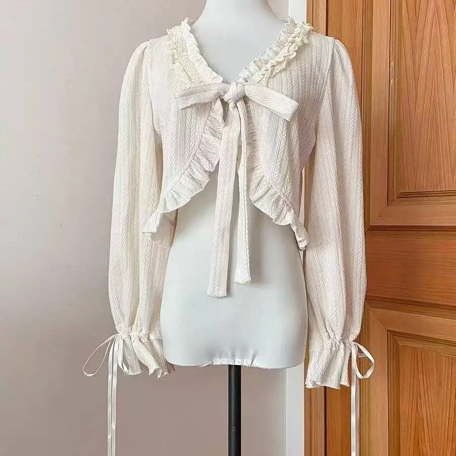 

Японские милые укороченные топы с оборками и v-образным вырезом Kawaii Lolita, короткий кардиган, женское повседневное милое вязаное пальто с бантом и длинными рукавами, женское шикарное пальто