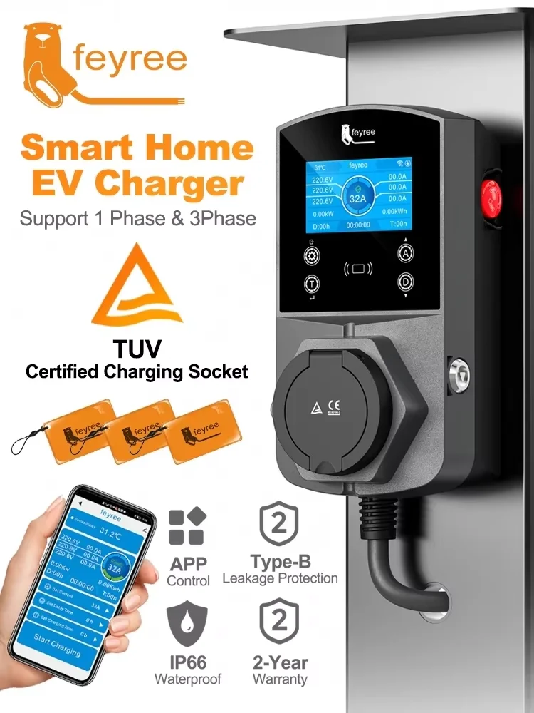 Feyree 22kW Typ2 EV-Ladegerät, Smarte Elektroauto-Ladestation für TS-NACS Typ1 GB/T Stecker, EVSE Wallbox mit WIFI-App-Steuerung