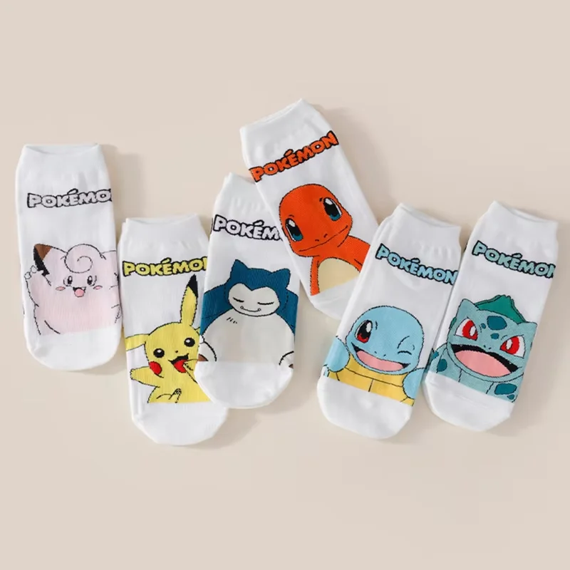 6 Pairs of Fashionable New Pocket Monsters Anime Ankle Socks Cute Cartoon Character Printed Men's and Women's Couple Socks