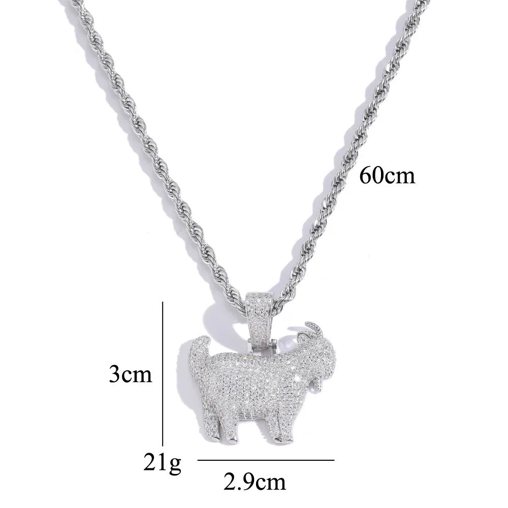 S925 Sterling Silver Hip Hop CZ Stone Paved Bling Ice Out Goat Sheep Pendants Necklaces for Men Rapper Jewelry