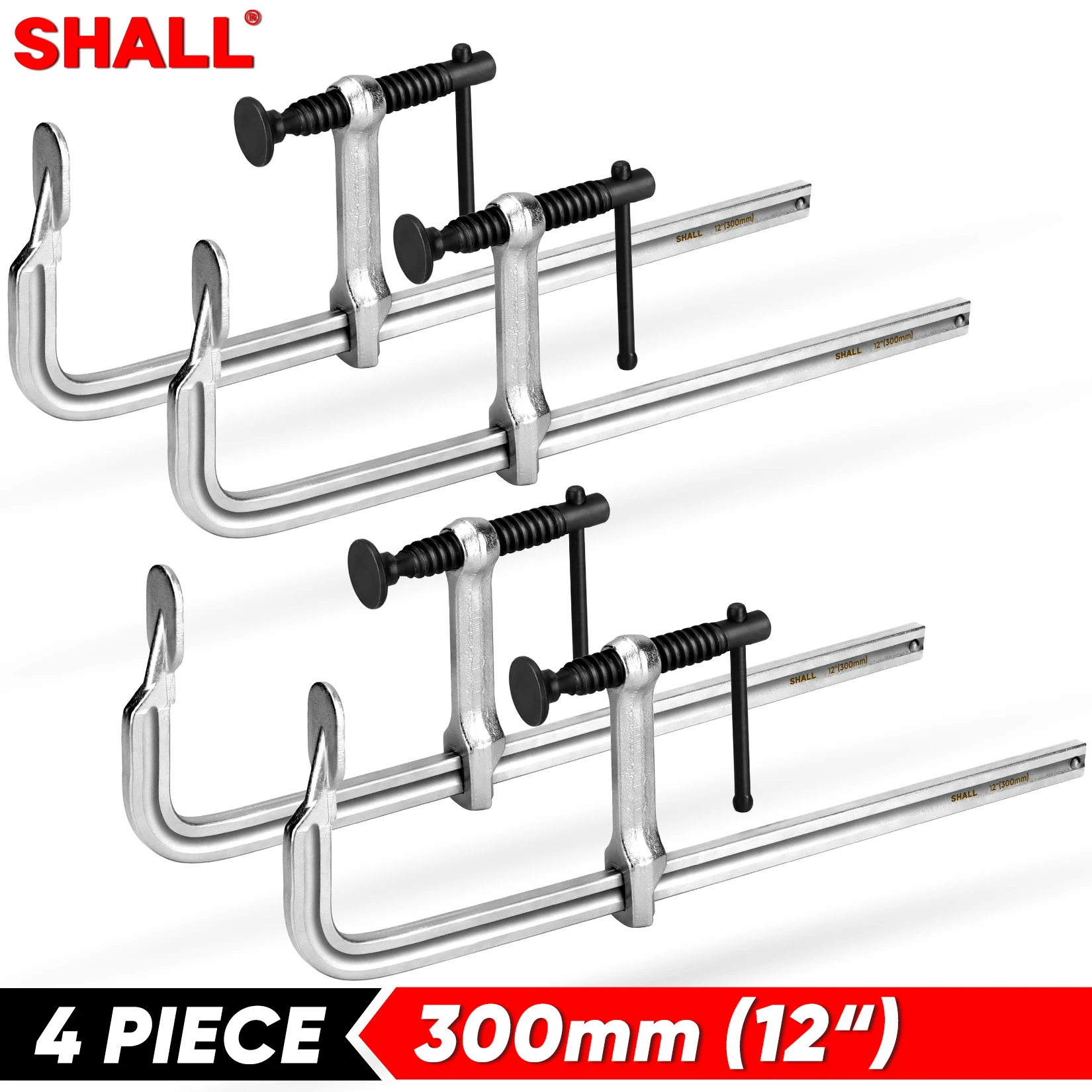 SHALL 4-Pack Bar Clamps Set 300mm（12inch） Light-duty Drop Forged Steel Bar ClampsSteel F Clamps with Max 450Lbs Load Woodworking