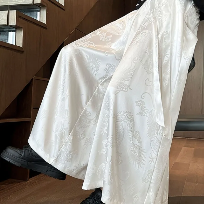 women 2026 Ice Silk Chinese Style Dragon Pattern Large Size Jacquard Pants Loose Culottes New Wide-leg Summer Casual Hanfu