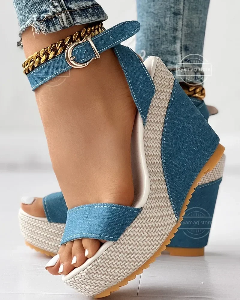 Sandals Women's Ankle Strap Peep Toe Platform Denim Wedge Sandals  Zapatos De Mujer Women's Spring Shoes