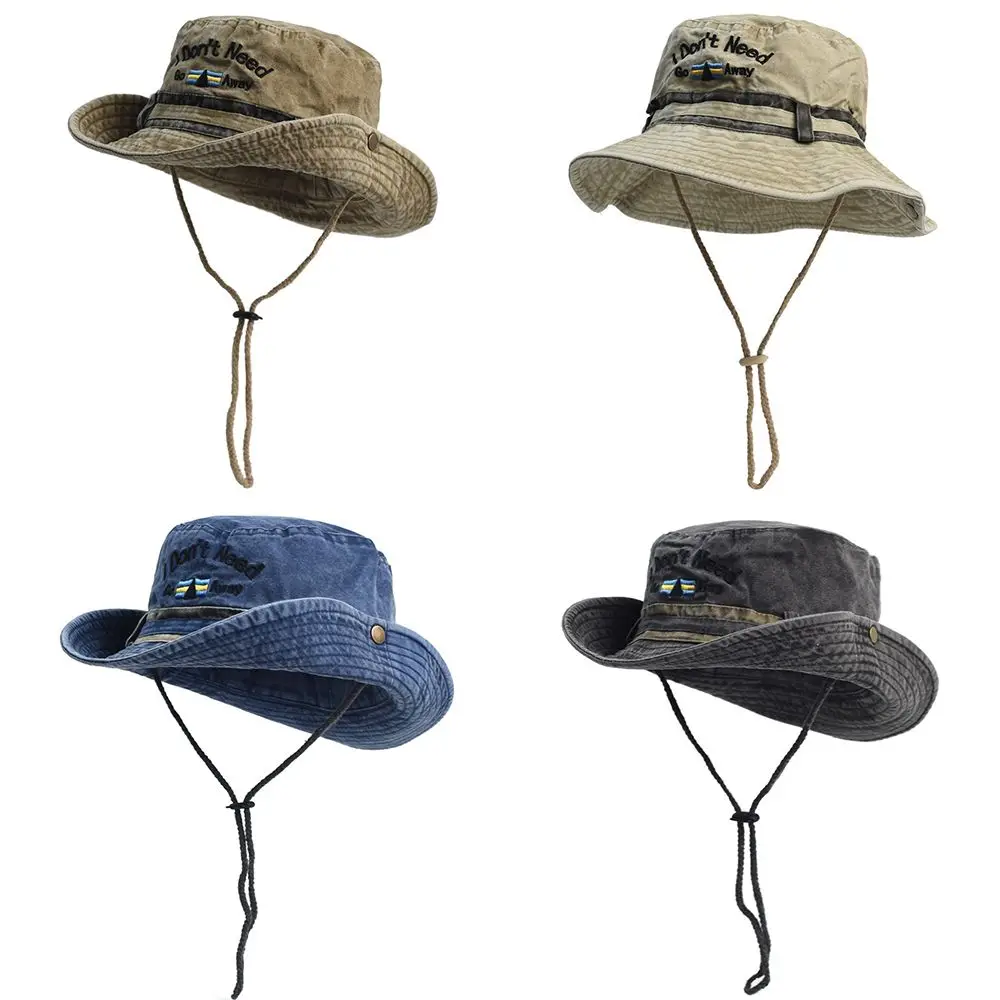 

Windproof Vintage Washed Denim Hat Sunscreen Letter Embroidery Fisherman Caps Wide Brim Drawstring Adjustable