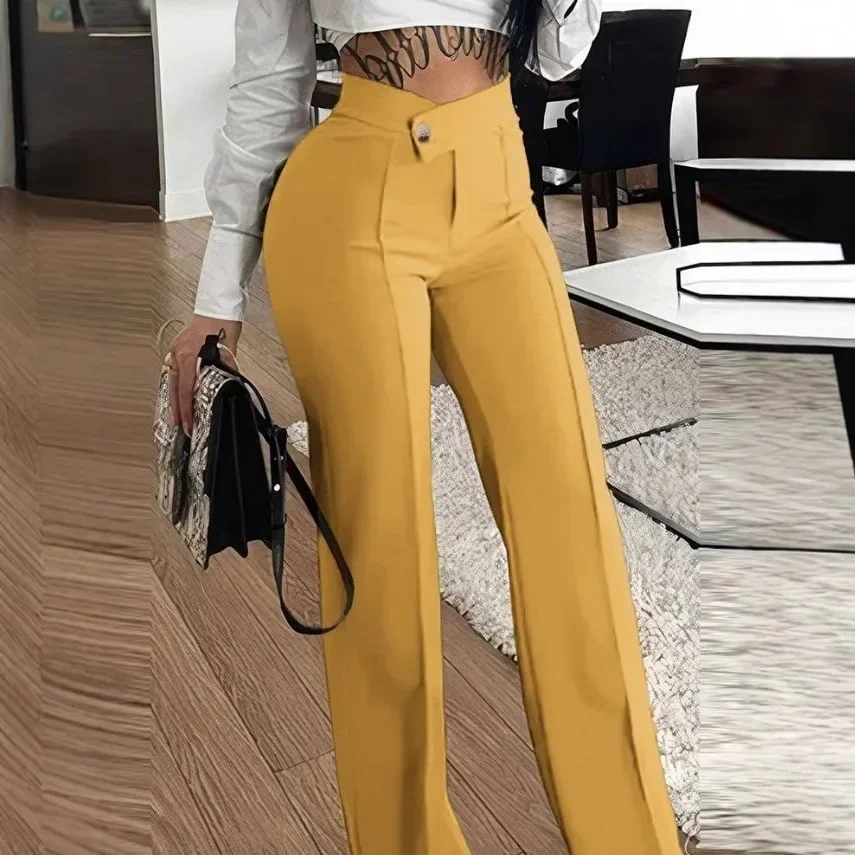 เอวสูงขาตรงกางเกงลําลองกางเกงแฟชั่นของผู้หญิงฤดูใบไม้ร่วงเอวสูงสไตล์หลวมกางเกงพอดี