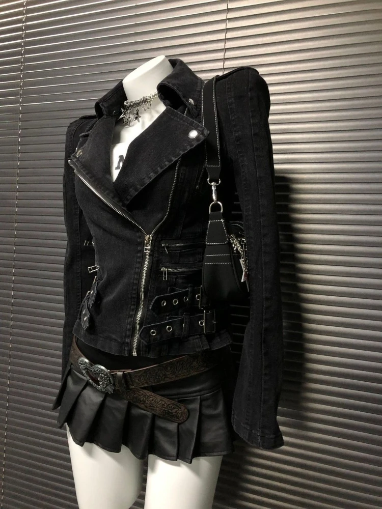 แจ็คเก็ตยีนส์สีพื้นเรียบหรูสไตล์ดาร์กโกธิคยุค 2000 แนววินเทจอเมริกันลำลองสไตล์ใหม่จากไฮสตรีท เสื้อคลุมสไตล์ซับคัลเจอร์