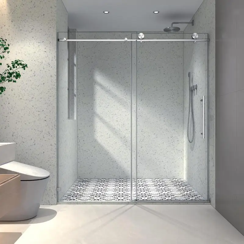

Frameless Shower Door with Fixed and Sliding Panels, 70MM 304 Stainless Steel Large Pulleys, Adjustable Soft Close, Nano Easy
