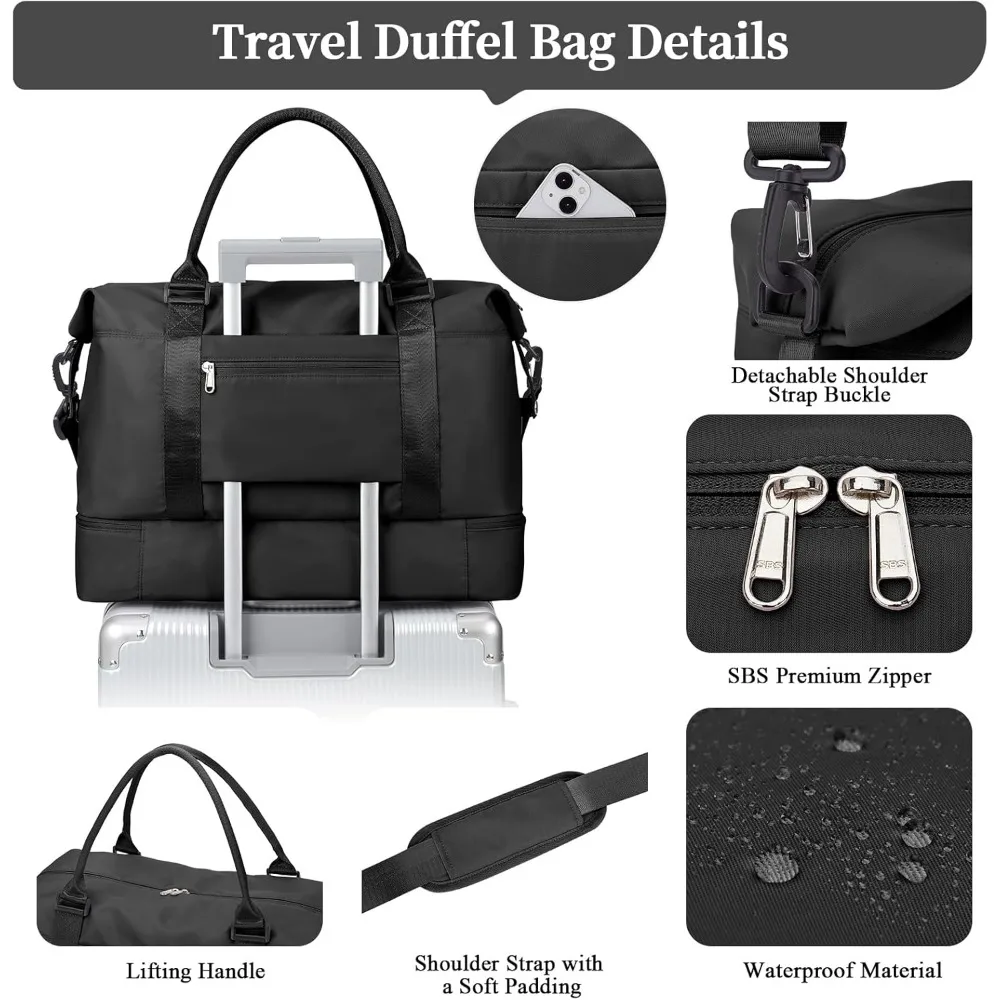 حقائب عطلة نهاية الأسبوع للنساء، حقيبة سفر واق من المطر بين عشية وضحاها مع حجرة للأحذية، حقيبة حمل شخصية، أسود، كبير، مجموعة من 3 قطع