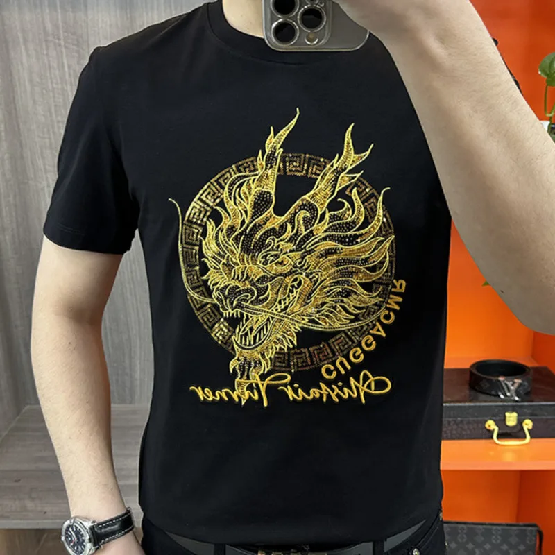 Fashion Brand Personality Short Sleeve T-shirt Hot Diamond Top Homme 2024 Summer Animal Dragon Rhinestone Print Tee Shirt Men