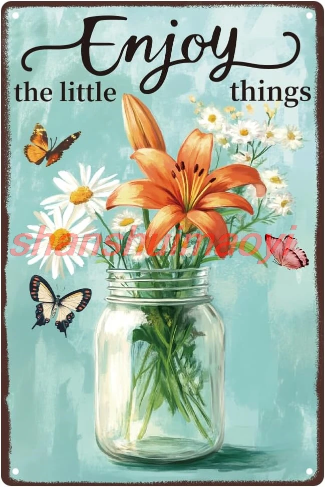 WEBEEDY Garden Signs Vintage Metal Tin Sign Enjoy The Little Things Sign Retro Fresh Flowers Sign Outdoor Garden Decor for  7855