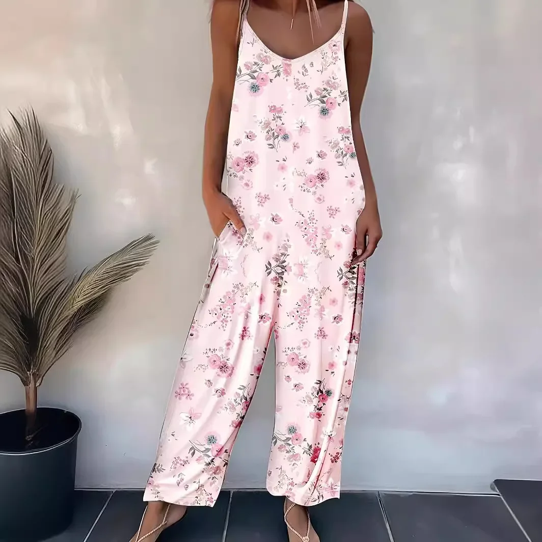 Europe and the United States 2024 spring/summer casual women's halter pants autumn new printed sleeveless jumpsuit